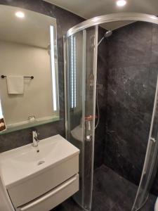 a bathroom with a sink and a shower at Cozy Cottage Near the Skjern River in Tarm