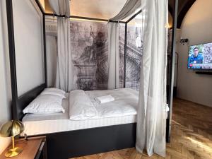 a bed in a room with a curtain at Moonlight City Center Studio Private Parking in Cluj-Napoca