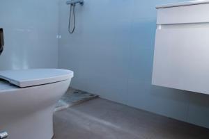 a bathroom with a white toilet and a shower at Quarto com Vista para o Vale in Ribeira Grande