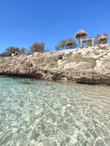 a beach with crystal clear water next to a hill with trees at ETRA Casa Vacanza in Taranto