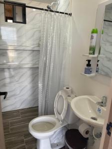 a white bathroom with a toilet and a sink at Apartamento completo cómodo con vista y todo cerca CC VIVA in Tunja