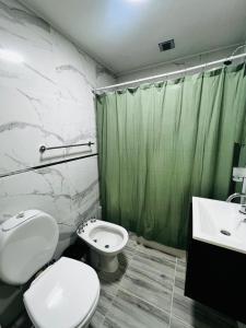 a bathroom with a toilet and a green shower at Downtown rental in Río Grande