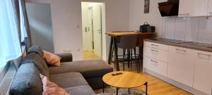 a living room with a couch and a kitchen at City Appartement in Mönchengladbach