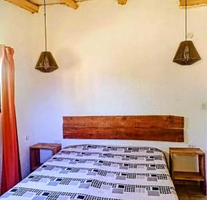 ビージャ・イチョ・クルスにあるCabaña Los Algarrobosのベッド1台(上の照明2つ付)