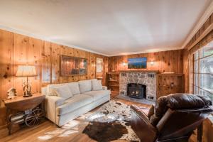 a living room with a couch and a fireplace at Diana's Cabin by Tahoe Getaways - Pet-Friendly 2BR in Kings Beach w Backyard & Walk to Lake! in Wood Vista