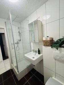 een witte badkamer met douche en wastafel bij FeWo Im Drosselnest in Hechingen