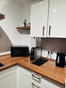 een aanrecht met een magnetron en een broodrooster bij FeWo Im Drosselnest in Hechingen +5 foto's