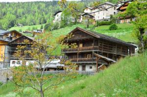 Costalta的住宿－Albergo Diffuso Costauta，一座拥有房屋的山丘上的大型木制建筑