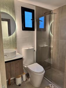 Un baño con inodoro, lavabo y ducha. en Nina apart Meliquina, en San Martín de los Andes