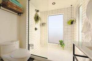 a bathroom with a toilet and a shower and a window at Luxury Tiny House with Private Hot Tub Access at the Grand Canyon in Valle