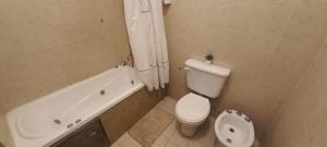 a bathroom with a toilet and a tub and a sink at GR Hotel in La Rioja