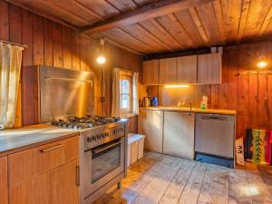 a kitchen with a stove and wooden walls at Alte Grafenmühle in Hopfgarten im Brixental +32 photos