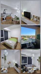 a collage of four pictures of a living room at Airport Nest Skopje in Petrovec