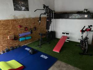 a room with a gym with a treadmill and exercise equipment at les petits sportifs in Léré