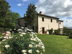 una casa con un campo de flores en el patio en Historic Apartment With San Gimignano Hills View, en Villa del Monte