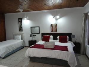 a bedroom with two beds with red pillows at Aero Garden Ensuite in Johannesburg