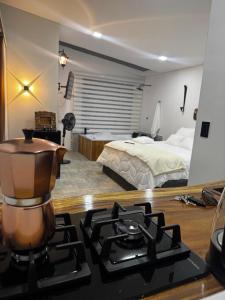 a kitchen with a stove and a bedroom with a bed at Sempiterno- la cabaña Whispering Wind in La Vega