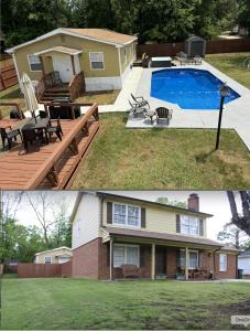duas fotos de uma casa e uma piscina em Luxurious Pool and Spa Home with optional Studio Apts em Durham