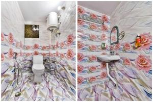 two pictures of a bathroom with pink roses on the wall at Hotel O Patliputra Railway Station Formerly Rameshwaram Guest House in Dānāpur