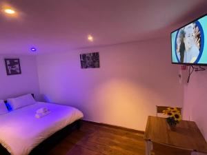 a bedroom with a bed and a tv on the wall at Confort Appart 2 in Calais