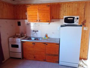 a small kitchen with a refrigerator and a microwave at Ruca Melin in Las Grutas +15 photos