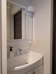 a bathroom with a white sink and a mirror at ann近島 in Gifu