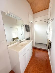 a bathroom with a sink and a mirror at Tranquil Waterfront Getaway - Point Wells in Omaha