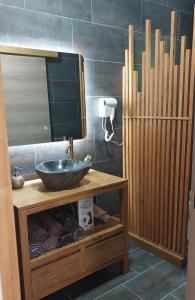 ein Badezimmer mit Waschbecken und Spiegel in der Unterkunft Maison neuve, agréable avec vue mer et montagne in Saint-Pierre