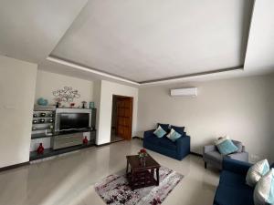 a living room with two blue couches and a tv at Better value stay in Lusaka +7 photos