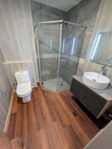 a bathroom with a shower and a toilet and a sink at ICHA Apartments in Suva