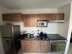 a small kitchen with a sink and a refrigerator at Moderno depa con todas las comodidades en Juriquilla, Queretaro in Juriquilla +21 photos