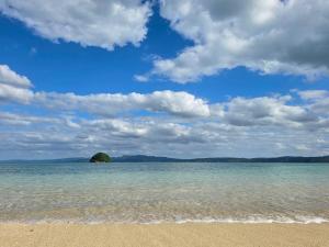 una spiaggia con una piccola isola nell'acqua di Petit villa Sea grapes a Nago