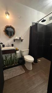 a bathroom with a toilet and a fish tank at Casa China Guesthouse & Hostal in Bacalar