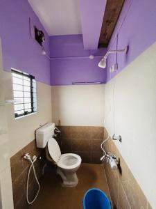 Un baño con inodoro, paredes moradas y ducha. en Niroda Guest House, Jorhat, en Jorhat