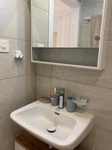ein Badezimmer mit einem weißen Waschbecken und einem Spiegel in der Unterkunft Appartement au cœur de la Riviera in Montreux + 23 Fotos