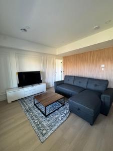 Una sala de estar con un sofá y un televisor. en Walkout basement suite with canal view near airport, en Airdrie