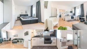a collage of photos of a living room and a kitchen at Hotel Essen mit Apartments in Essen