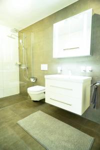 un bagno con wc, lavandino e doccia di Apartment Niesen Lake Stay a Einigen