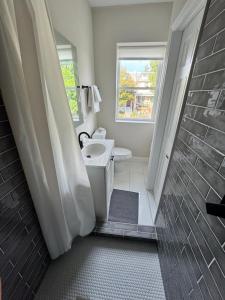 een badkamer met toilet, wastafel en douche bij Villa del Encanto in Washington +13 foto's
