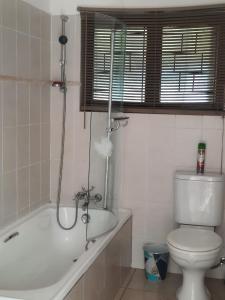 a bathroom with a tub and a toilet and a shower at Sea shells self catering in Hibberdene