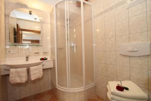 W łazience znajduje się prysznic i umywalka. w obiekcie Hotel - Wirts'haus "Zum Schweizer" w mieście Lofer