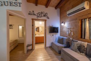a living room with a couch and a television at ליבי במדבר מרחב לאקולוגיה של הריפוי Libi Bamidbar The Ecology of Healing Resort in Neʼot HaKikar
