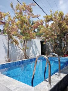 een zwembad met twee metalen rails naast een huis bij City Beach Apartment in Bentota