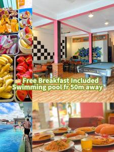 een collage van foto's van eten en een zwembad bij Vang Vieng Freedom Rooftop View Hostel in Vang Vieng