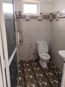 a bathroom with a toilet and a shower and a sink at Travelhubs Rooms in Kandy
