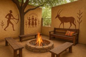 a patio with benches and a fire pit and a tree at Bushman Spoor Backpackers in Soweto