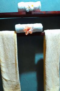 un toallero con dos toallas y una flor. en Serenity stay Kizimkazi, en Kizimkazi