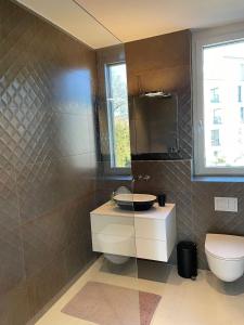 a bathroom with a toilet and a sink and a window at Modern 3-room apartment in Kloten +28 photos