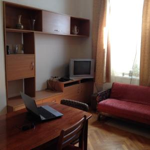 a living room with a laptop on a table with a couch at Apartment Downtown in Mukacheve