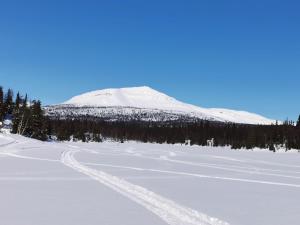 a snow covered mountain with a trail in the snow at Åkersjön lägenhet in Vallrun +1 photo